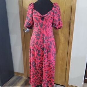 Every Red and Brown Sweetheart Puff Sleeve Midi Dress Linen Blend